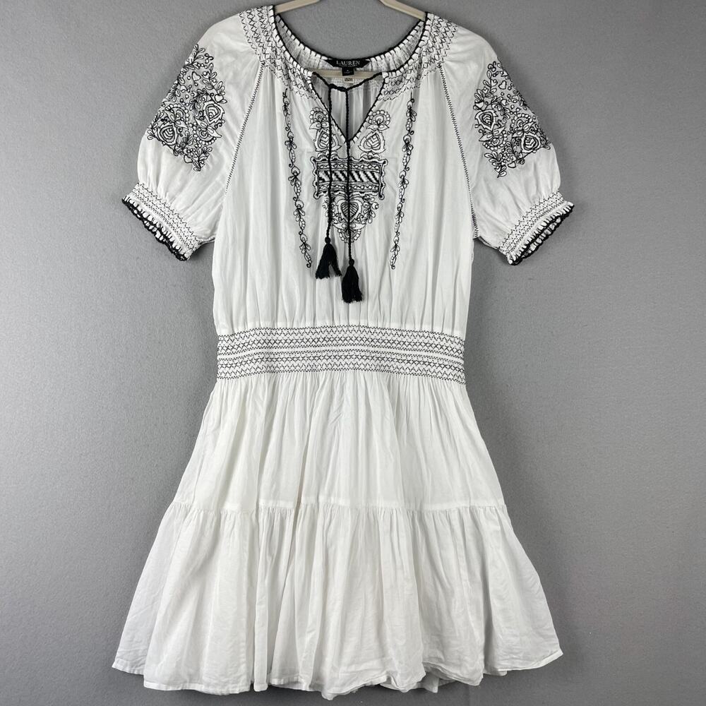 Lauren Ralph Lauren Embroidered Tiered Dress Womens 8 Voile Tassel Boho Peasant